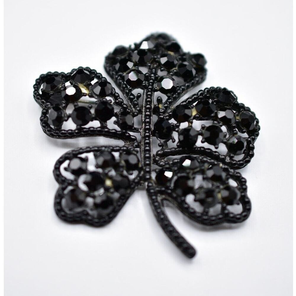 Weiss Vintage Crystal Leaf Pin Brooch Black Metal Rhinestone Antique Signed Bin7